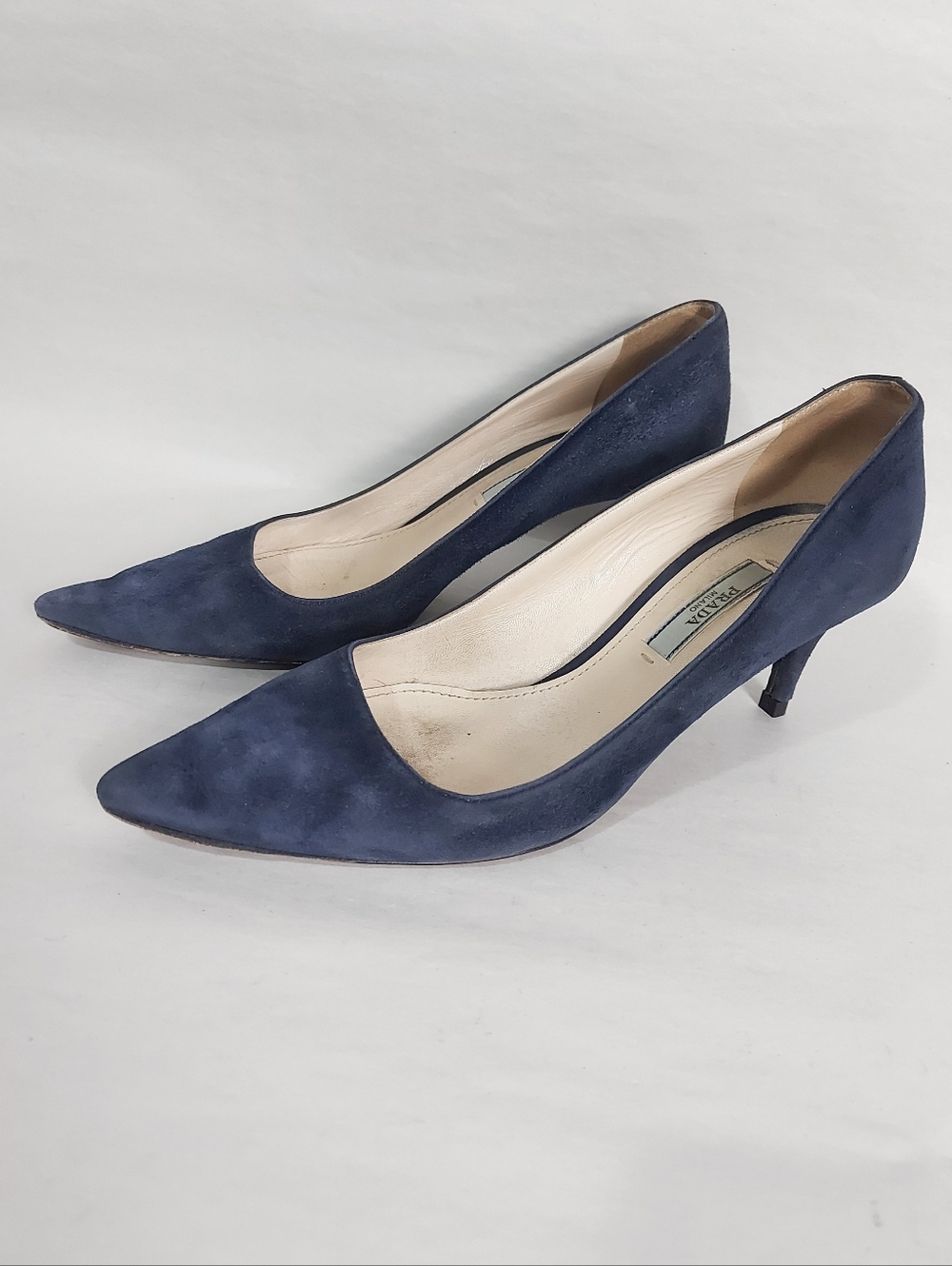 Prada Navy Suede Leather Pointed-Toe Kitten Heel Pumps 36.5 Comfort Court Shoes
